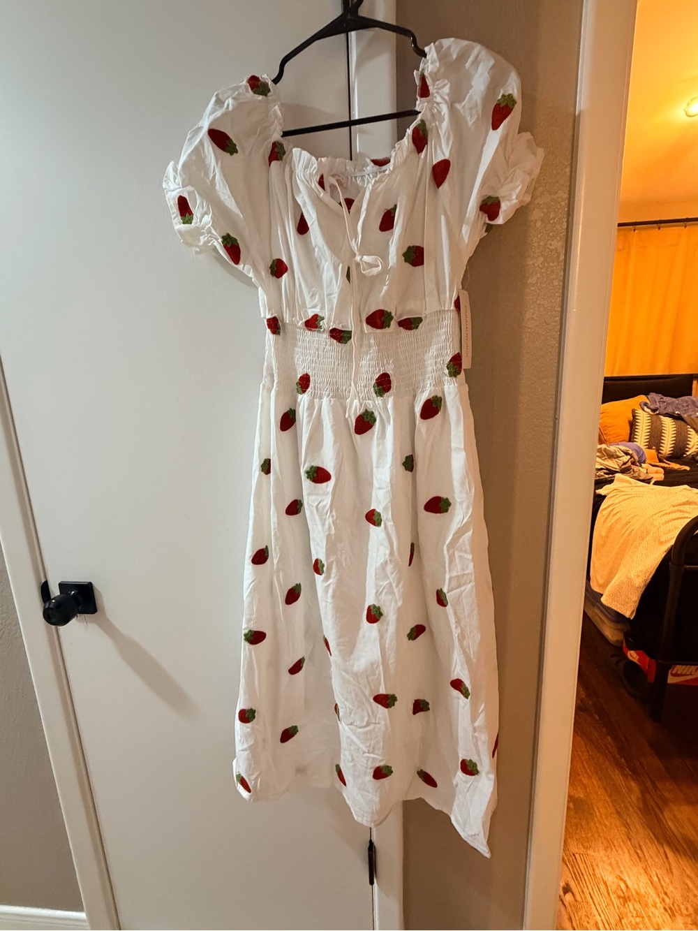 White Strawberry-Print Puff Sleeve Midi Dress